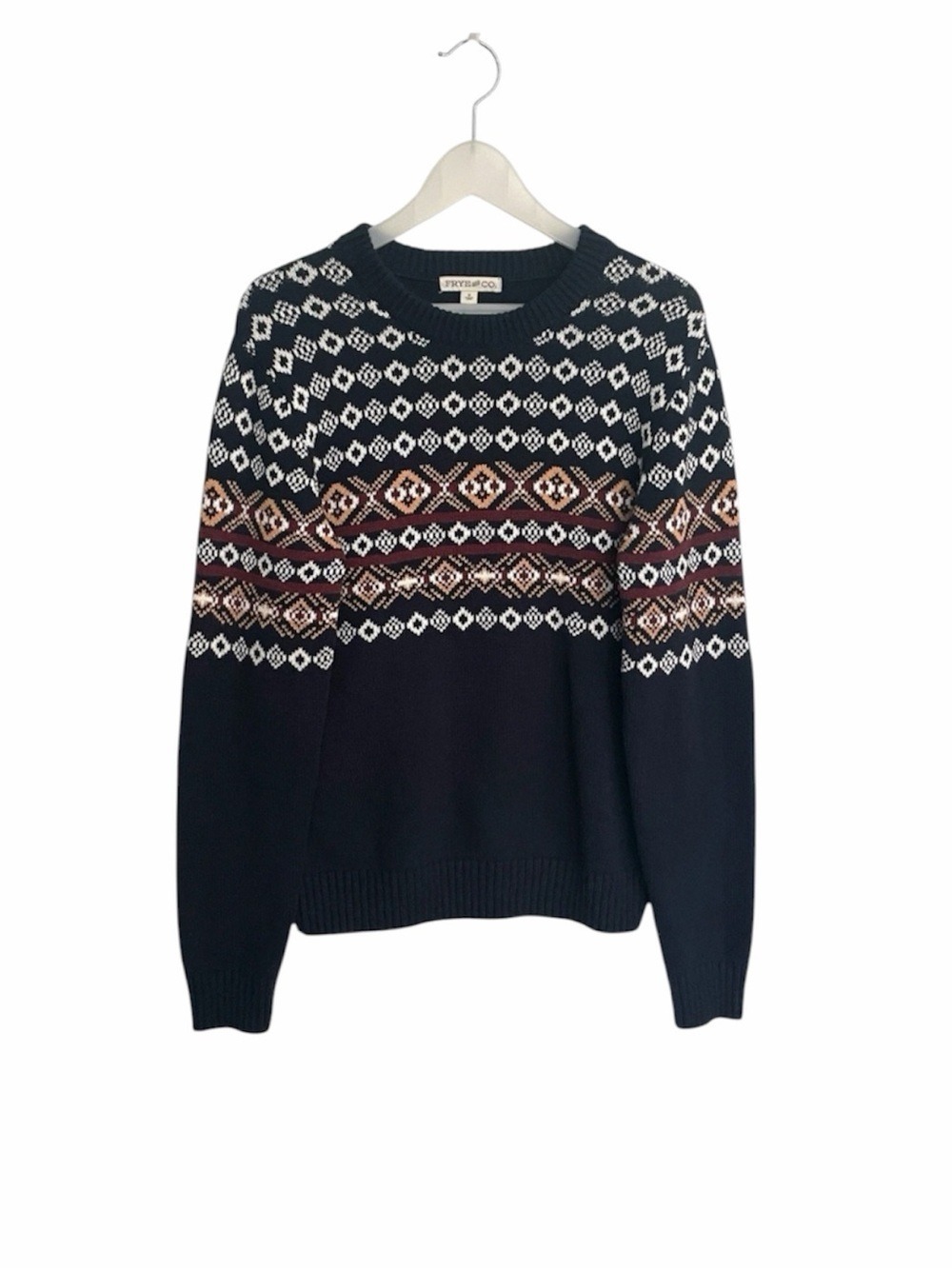 Frye & Co Fair Isle Crewneck Sweater Men's Small Navy Multi Cotton Blend Knit